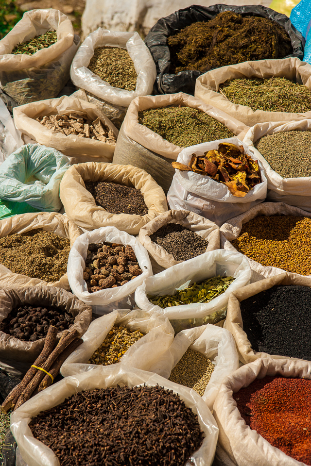 sacks of spices in the market in Chefchaouen