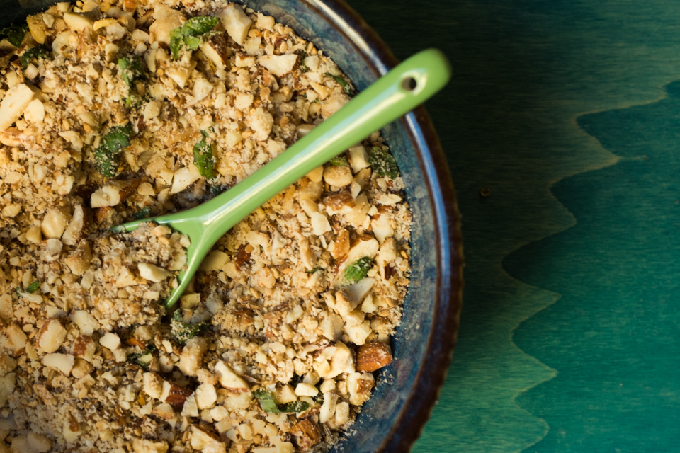 Dukkah in a blue bowl