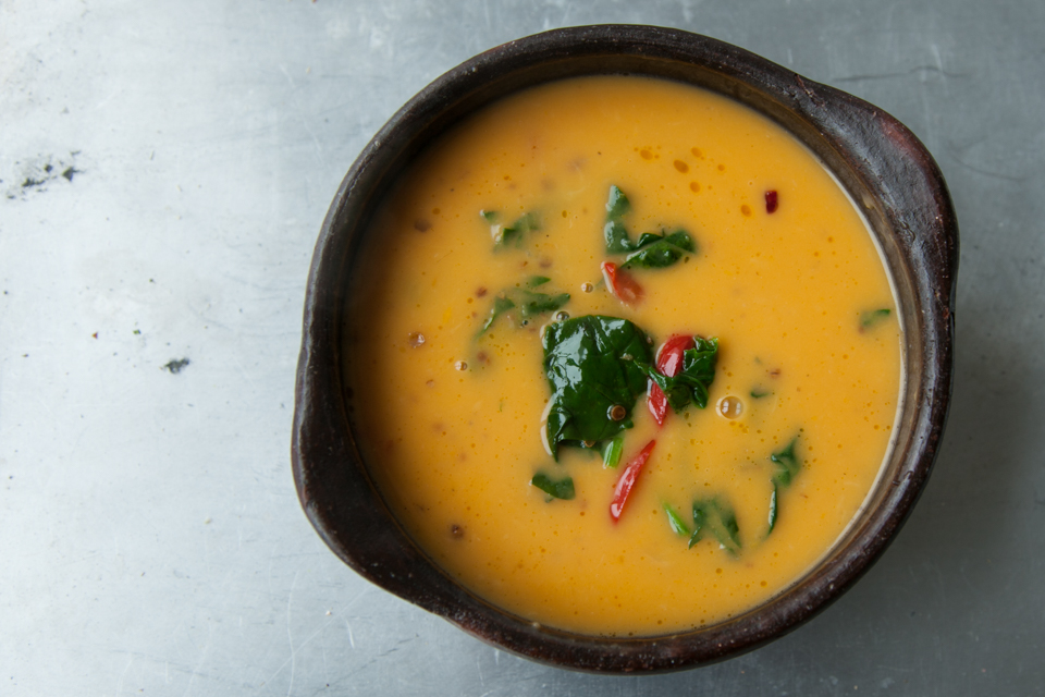 sweet potato soup with cardamom and spinach