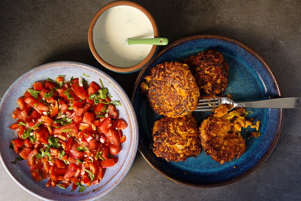 Sweet potato latkes on Michael Minkoff ceramics
