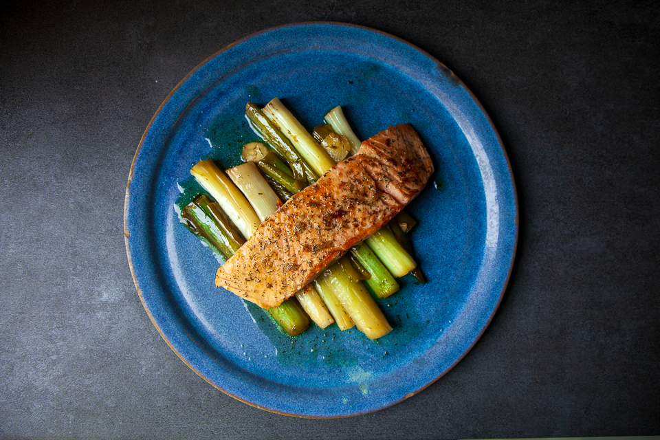 Sweet and sour leeks with pan friend salmon
