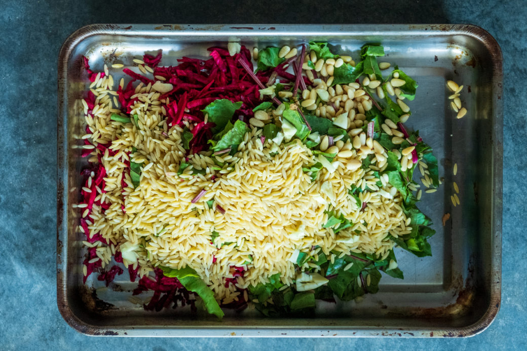 orzo, beets, and 
pine nuts
 
