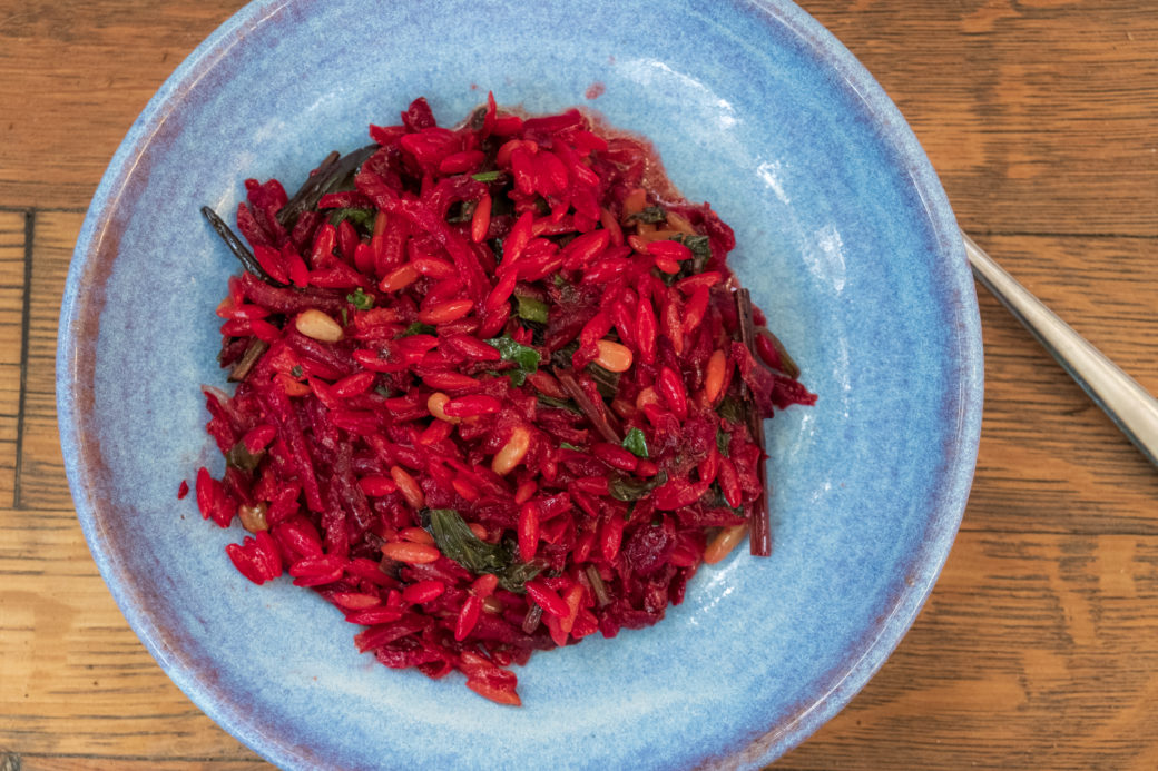 Beetroot, orzo and pine nut traybake